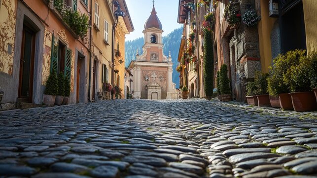 A historic cobblestone street with a clock tower in the background, ideal for use in travel or cityscape photos
