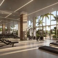 Luxurious Modern Fitness Center with Panoramic Tropical Views:  State-of-the-Art Gym Equipment and Natural Sunlight