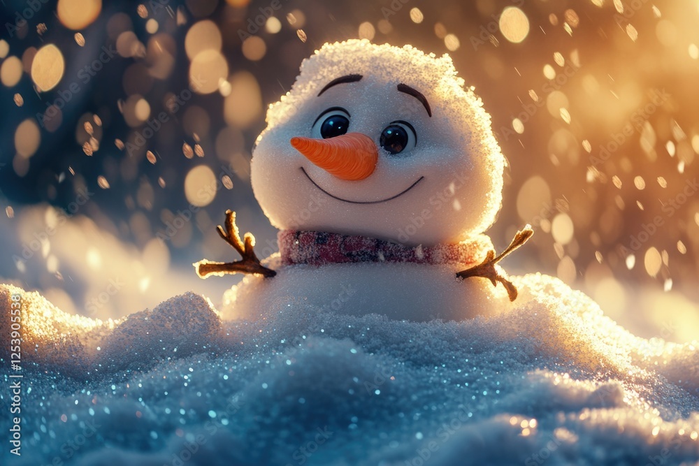 Poster a close-up view of a snowman standing in the snow, with details on its face and body