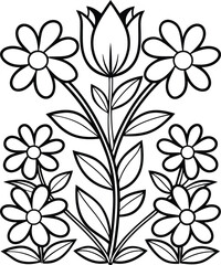 Simple Line Drawing of Flowers, Daisies, and Tulip