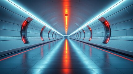 A futuristic tunnel with vibrant neon lights reflecting on a shiny floor.