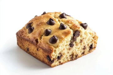 A fresh baked loaf of chocolate chip bread on a white background
