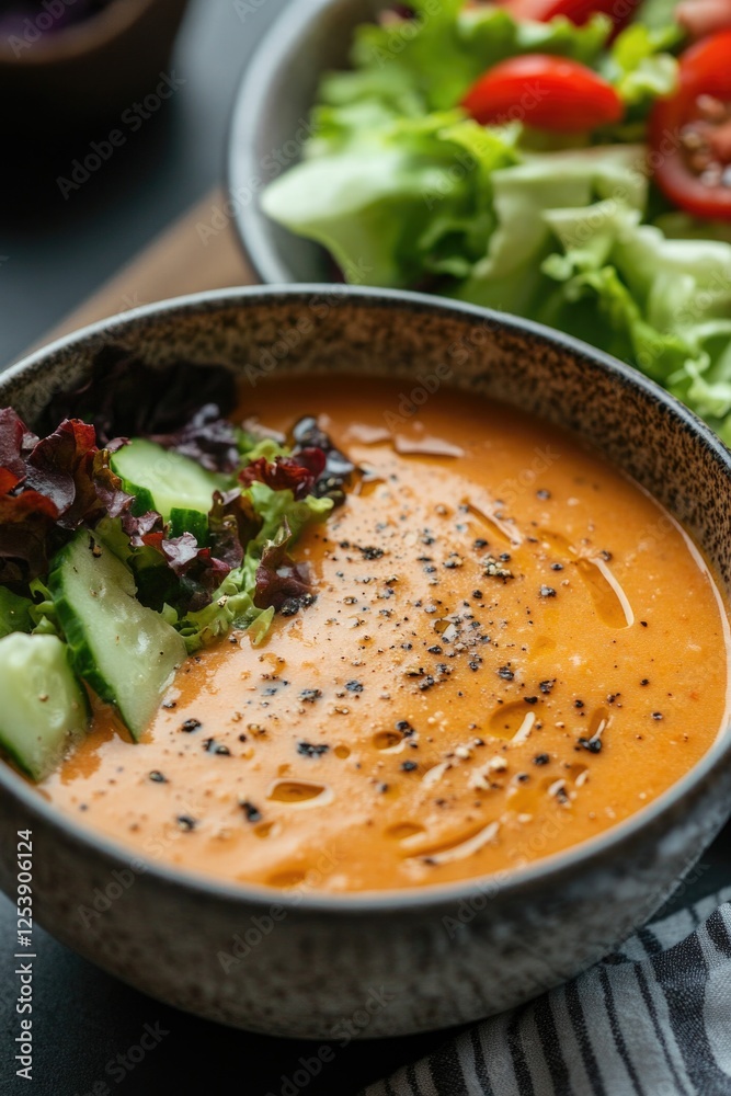 Poster a simple lunch setup with bowls of soup and salad, perfect for a quick meal