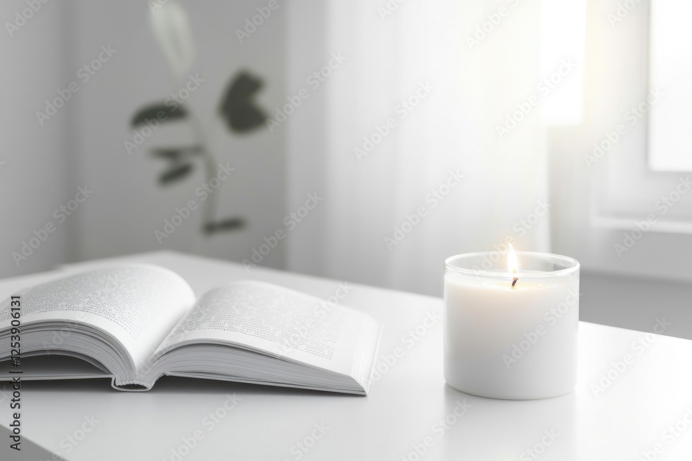 Poster a single open book sitting on a table beside a lit candle, perfect for representing study, learning,