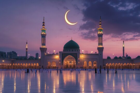 Crescent moon shining over al nabawi mosque at dusk during ramadan