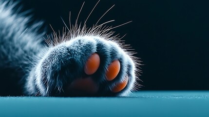 Close-up of a cat's paw with orange pads resting on a soft surface, highlighted by dramatic lighting