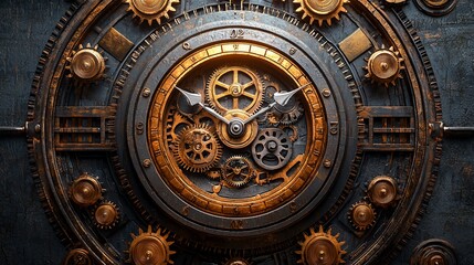 Obraz premium Intricate steampunk clock mechanism with exposed gears.