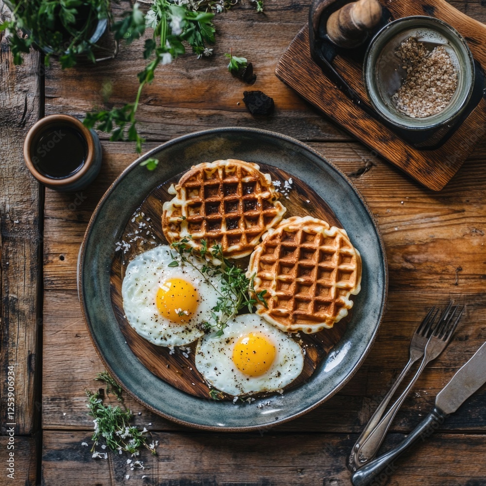 Poster breakfast or brunch setup featuring waffles and scrambled eggs on a rustic wooden table