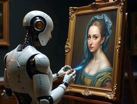 Humanoid robot artist painting classical portrait of elegant woman in Renaissance style, featuring ornate golden frame and futuristic digital brush
