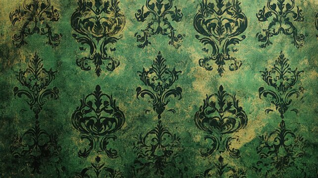 Fototapeta Vintage green wallpaper with ornate floral damask pattern