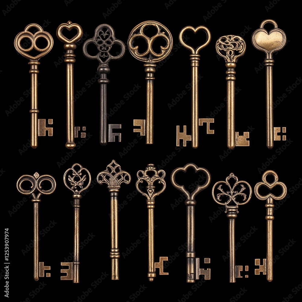 Poster A collection of old-fashioned keys against a dark background