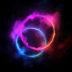 Fototapeta premium Glowing neon rings with holi powder splashes
