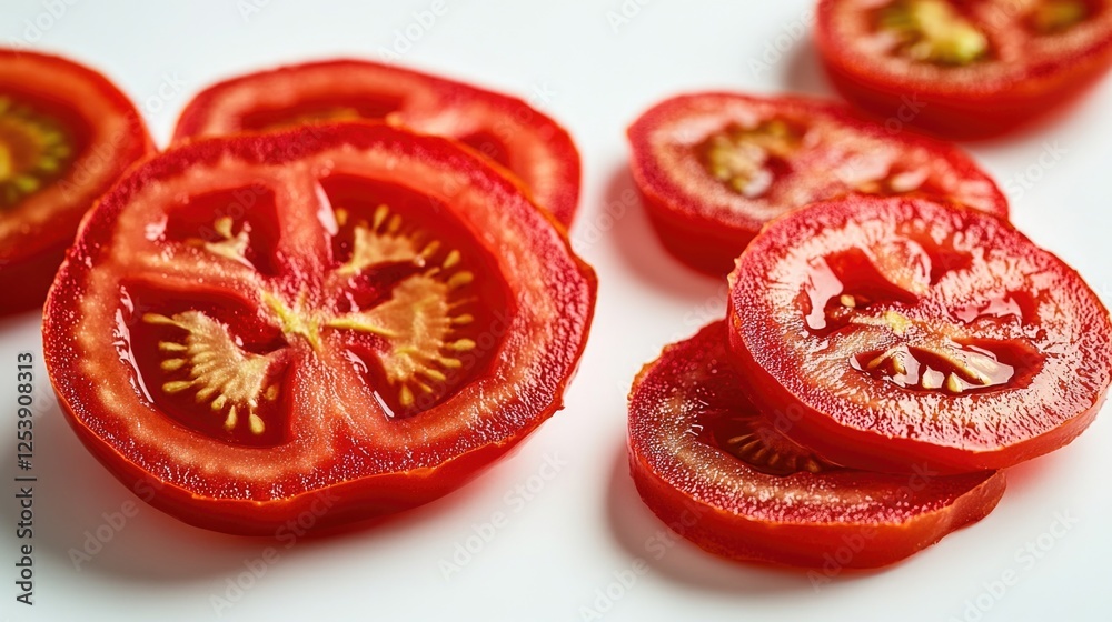 Poster freshly sliced tomatoes arranged on a table for a still life composition