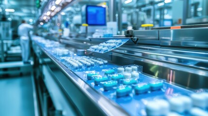 Fototapeta premium Industrial clean room packaging medications on production line