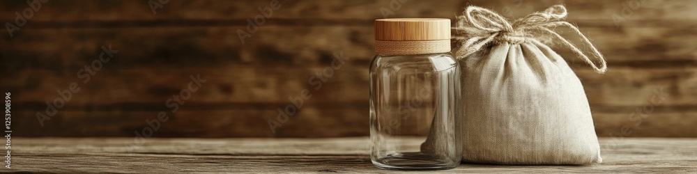 Poster a small glass bottle with a drawstring sits on a wooden table