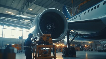 A skilled aircraft mechanic performing maintenance on a jet engine in a bustling airport hangar, Airport hangar scene, Aviation maintenance style