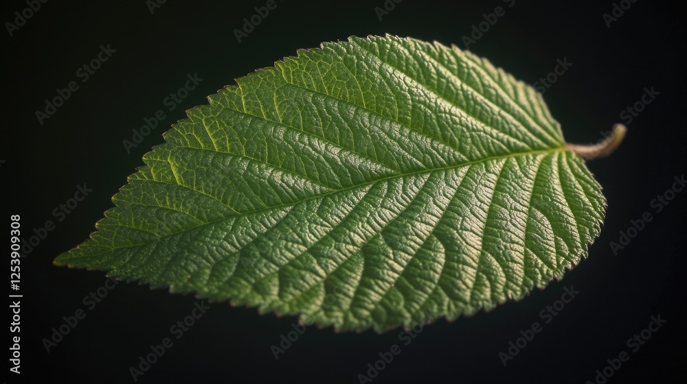Poster a detailed view of a single leaf on a black background, great for use in designs where simplicity an