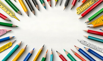 Colorful Pencils and Rulers Arranged in a Creative Border Display