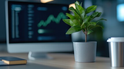 plant and computer screen with graphs.