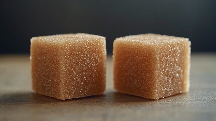 Two sugar cubes sit on a wooden table, ready for use