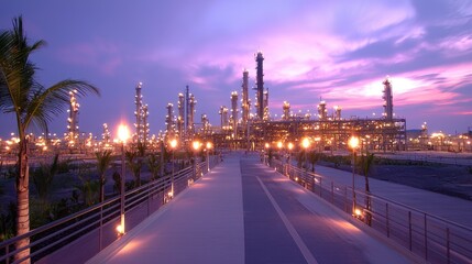 Oil Refinery at Dusk, Illuminated Pathway, Tropical Setting, Industrial Landscape, Stock Photo
