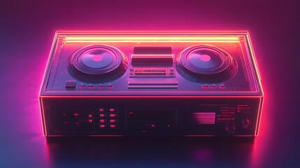 Futuristic items in retrowave style, neon lights and bold colors, evoking 80s nostalgia, drawn in comic book style