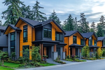 Modern townhouses surrounded by lush greenery