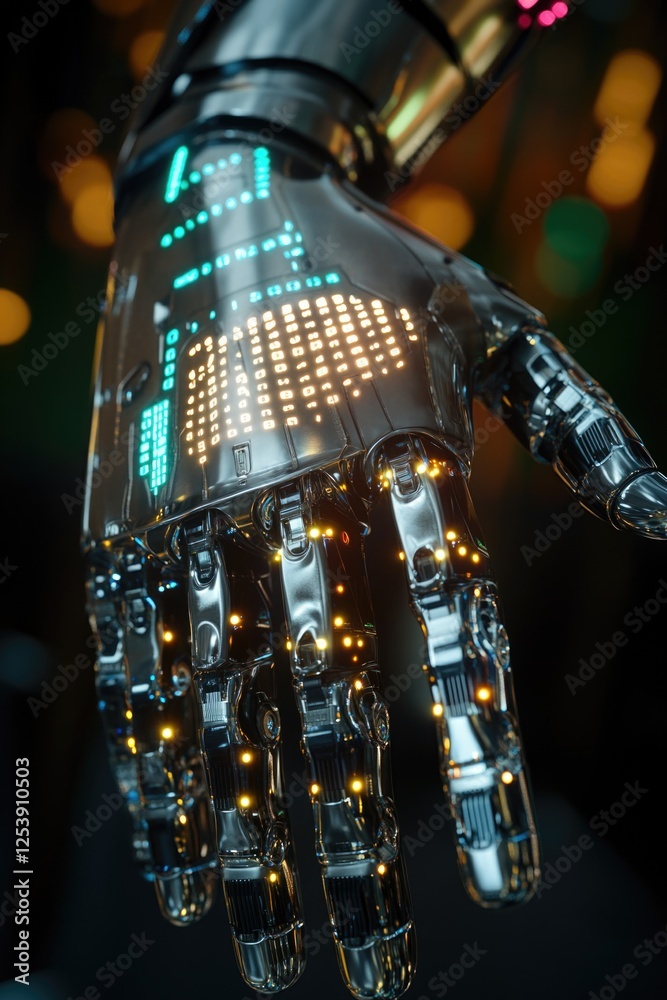 Poster a close-up of a robotic hand with glowing lights, suitable for sci-fi or futuristic concepts