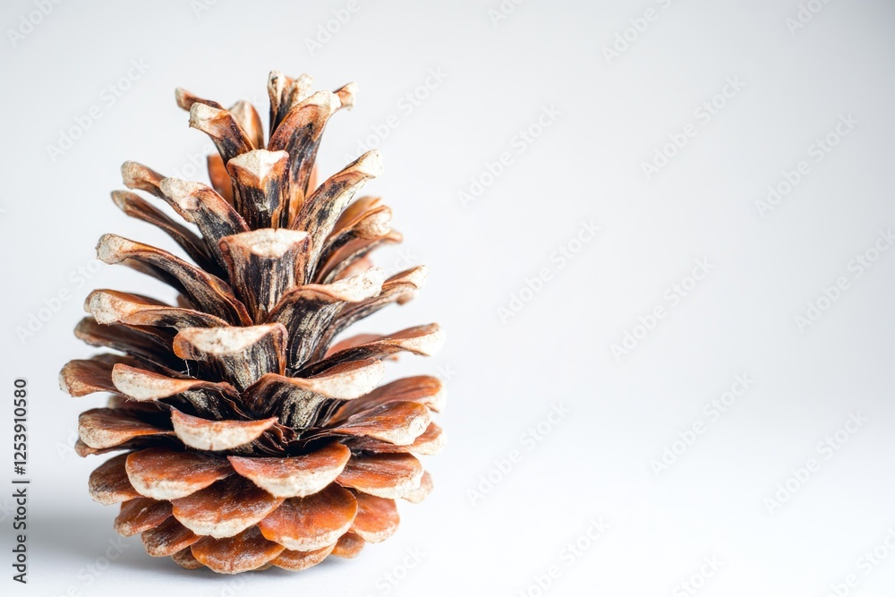 Poster a detailed view of a pine cone on a white background, ideal for use in scientific or educational con