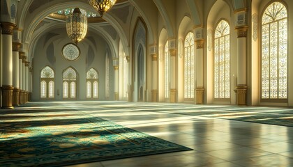 Obraz premium Atranquilshotofthemosquea??sprayerhall,naturallightfillingthespace,highlightingthepeacefulambianceofRamadanprayers