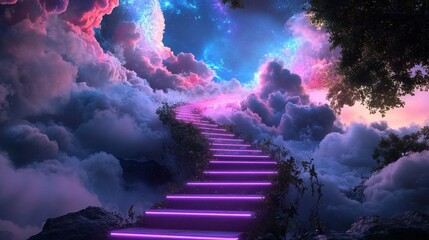 Fototapeta premium Neon Vines Ascending, a vibrant staircase of luminous vines spiraling into the clouds, enchanting and surreal, a journey through color and light