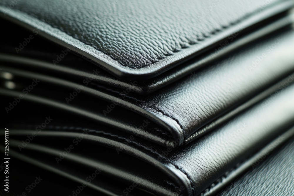 Poster a collection of black leather wallets stacked on top of each other, ready for use