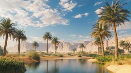 A desert oasis surrounded by palm trees and reflecting water