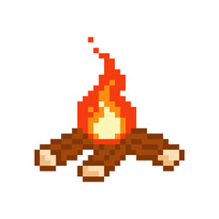Small burning pixel bonfire. Wood fire starting to flare up with warm atmosphere of picnic and relaxation after hiking trip.