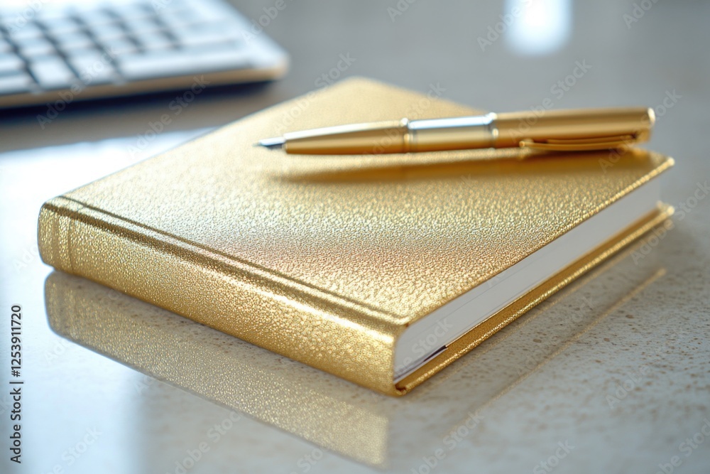 Poster a close-up view of a gold notebook with a pen lying on top, ideal for use in illustrations about cre