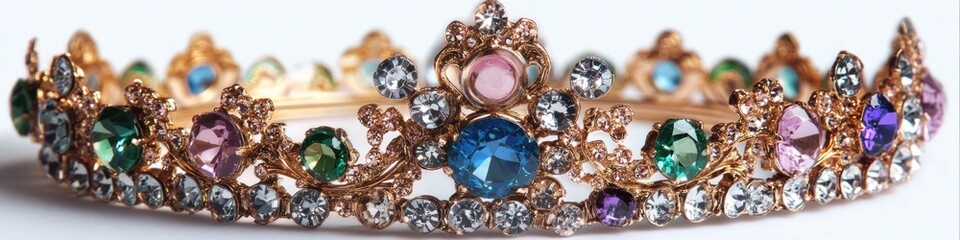 A golden crown adorned with variously colored gems
