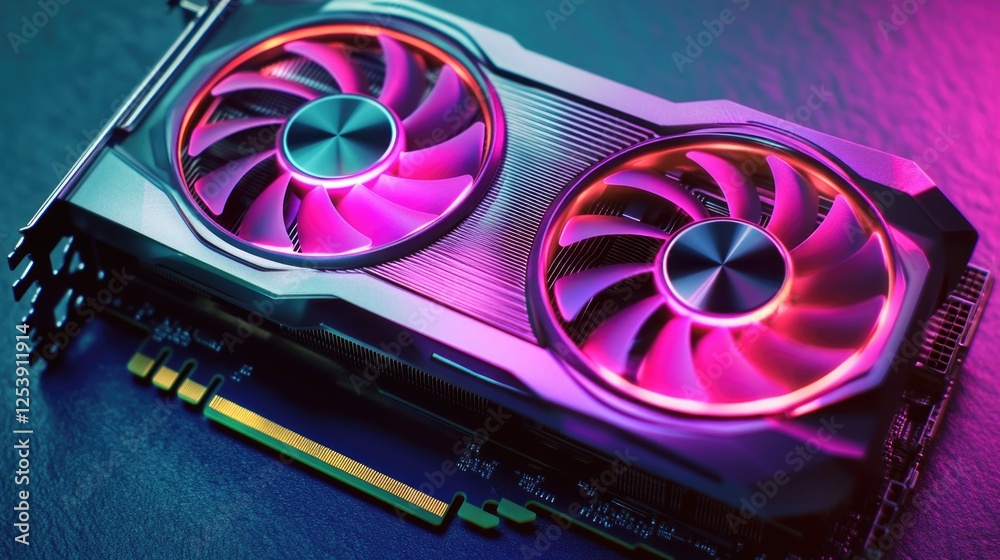 Poster a detailed view of a graphics card on a desk or table, suitable for tech-related concepts and projec