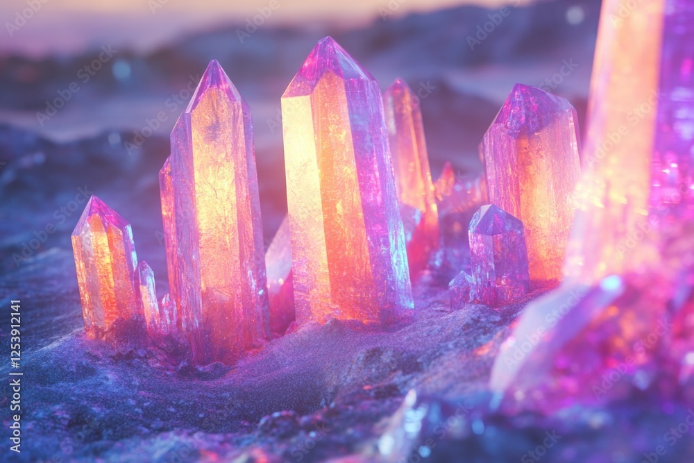 Poster a detailed view of multiple crystals arranged together, suitable for use in scientific or medical co