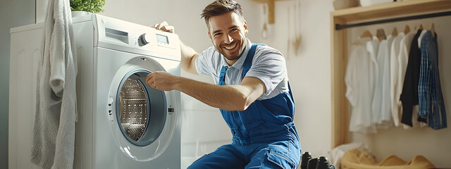 A smiling man in blue work is repairing the washing machine at home
