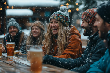 Friends laughing at winter outdoor bar with beer