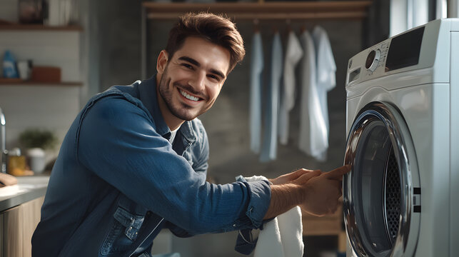 A smiling man in blue work is repairing the washing machine at home
