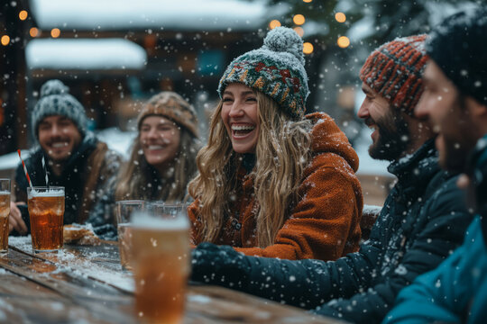 Friends laughing at winter outdoor bar with beer