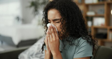 Blowing nose, tissue and sick with woman on sofa for flu season, pneumonia infection and illness. Hayfever, sneeze and allergy with person in living room at home for recovery, disease and cold - Powered by Adobe