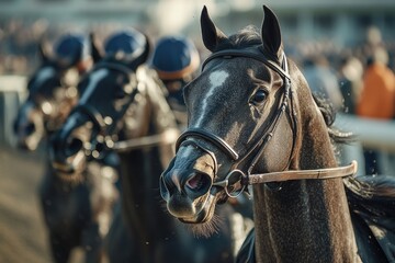 Obraz premium A close-up view of a rider sitting on the back of a horse, with the horse's face and mane visible