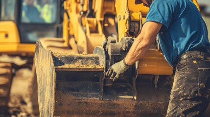 A skilled industrial mechanic repairing heavy machinery in a busy construction site, Construction site maintenance scene, Heavy equipment repair style