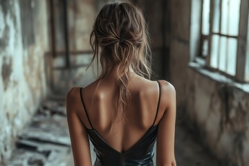 Naklejka premium Fashion model posing showing back in abandoned building