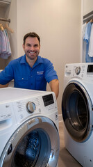 A smiling man in blue work is repairing the washing machine at home
