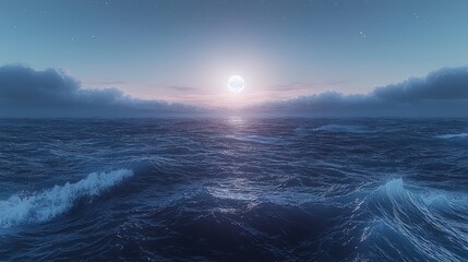 Fototapeta premium Moonlit seascape with gentle waves under a pastel colored sky at dusk