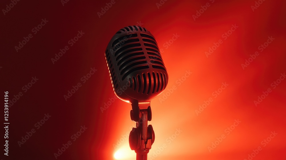 Poster a detailed view of a microphone on a red surface, suitable for music or audio-related uses