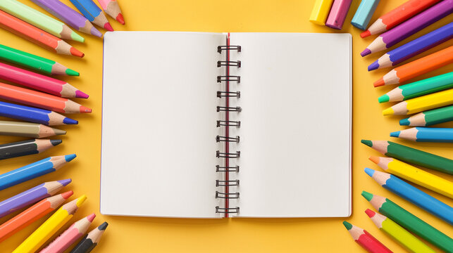 blank spiral notebook with white pages surrounded by colorful crayons and pencils on yellow background